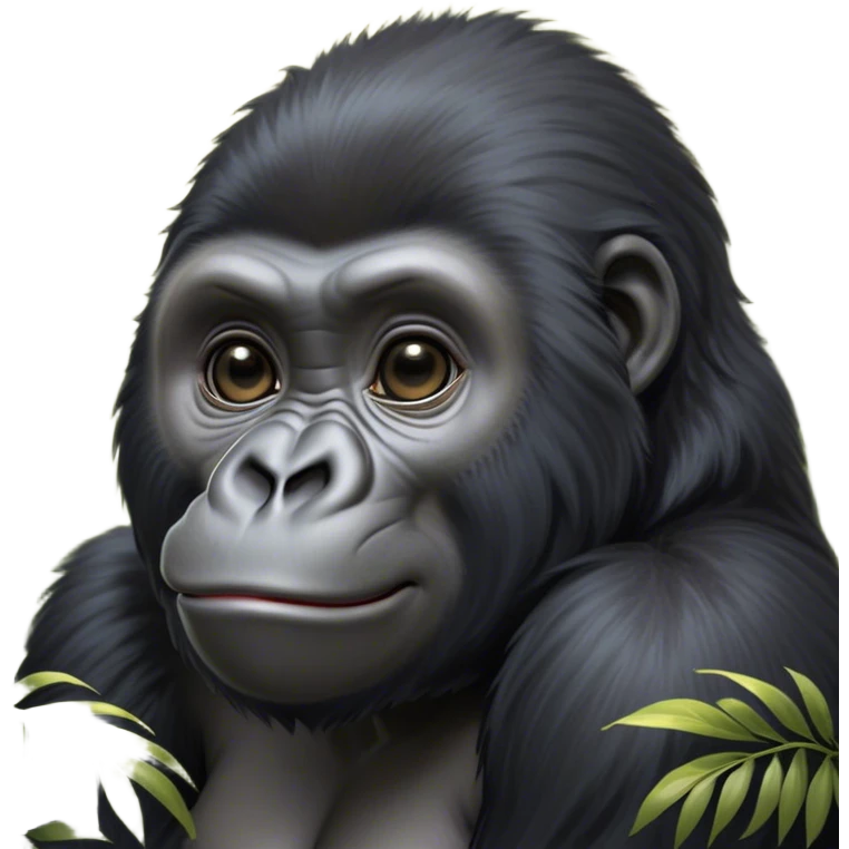 Cinematic Cute mountain Gorilla Portrait Emoji, Head tilted playfully and inquisitively, with a robust build accented by a striking black and grey mane and round, sparkling eyes full of gentle charm, Simplified yet irresistibly adorable features, highly detailed, glowing with a warm, friendly jungle glow, high shine, affectionate and lively, stylized with a touch of endearing primate whimsy, soft glowing outline, capturing the essence of a mischievous yet loving mountain that feels like it could lumber out of the screen into your arms! emoji