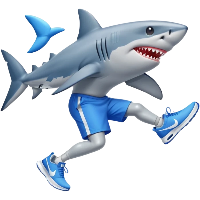 shark on the beach with human legs wearing blue Nike shoes, emoji style emoji