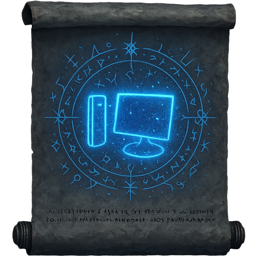 Generate a minimal, ancient spell scroll with the Windows 'My Computer' icon as a glowing blue sketch, surrounded by glintstone sparkles and arcane lines, centered on the blank scroll. The image should be 1080 x 1080 with a transparent background, evoking a mystical, magical feel. emoji