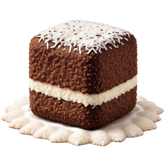 Cinematic Realistic Lamingtons Dessert Emoji, depicted as soft sponge squares coated in chocolate and coconut rendered with mouth‚Äêwatering detail and vibrant lighting. emoji