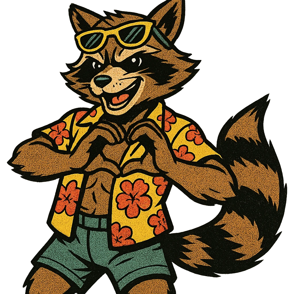 Rocket Raccoon Marvel Rivals summer skin, comic book style, showing heart gesture emoji
