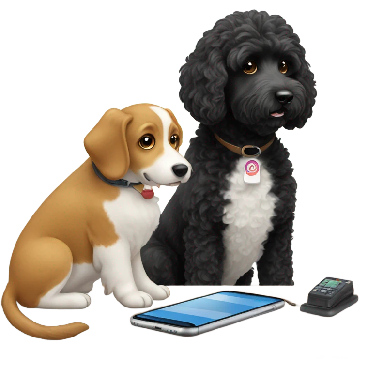 Black labradoodle texting a corgi  emoji
