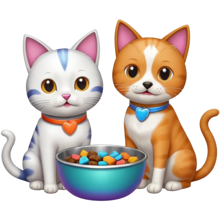 a cat and a dog eating treats from a bowl emoji