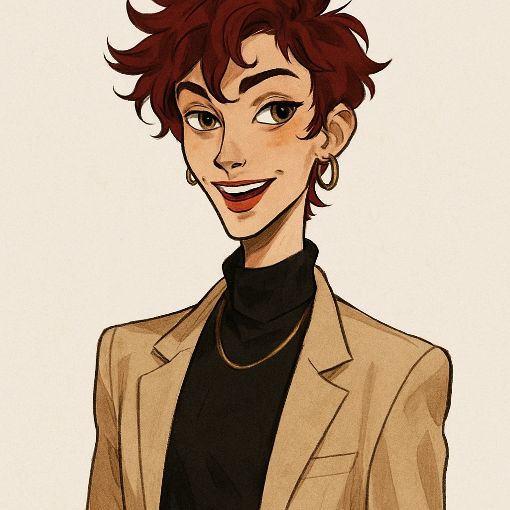 upper body portrait of a slender character with dark red hair and brown eyes, stylish and expressive emoji