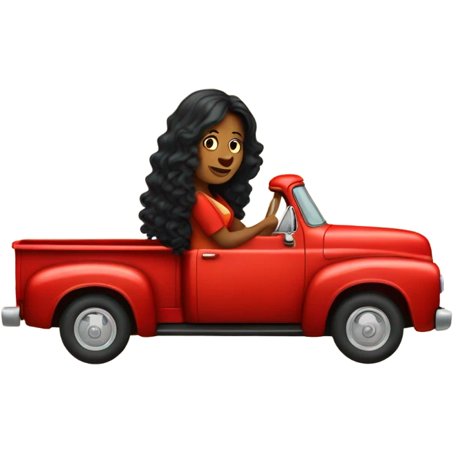 A lady with long curly black hair, driving a red old pick up truck emoji