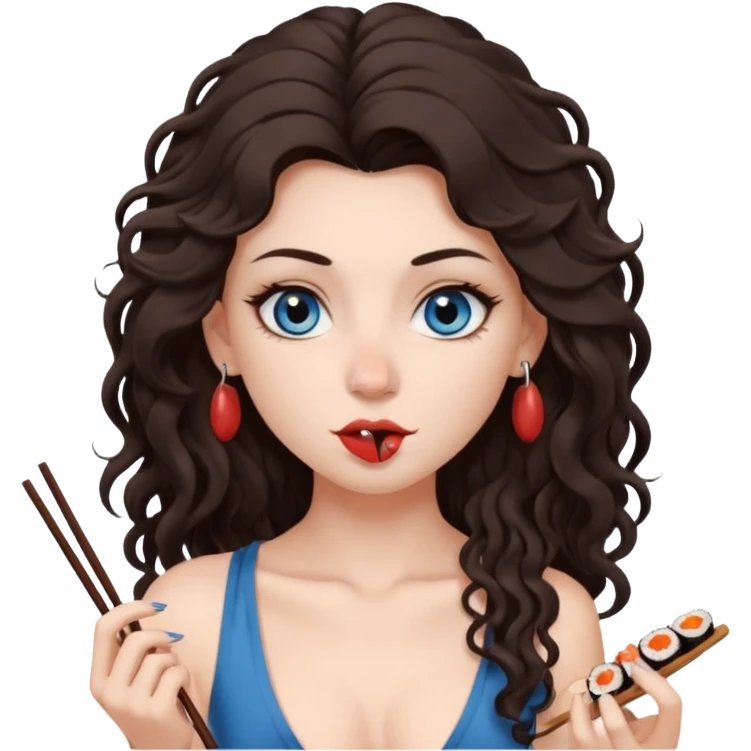 white girl, dark brown long slightly curly hair , skinni but with big breast , septum piercing on nose, beautiful dark gray-blue eyes, naked , skinny, eating sushi, emoji
