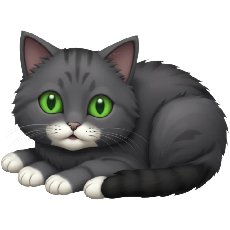 solid dark grey cat with green eyes, completely solid grey face, white toes/paws playfully rolling upside down emoji