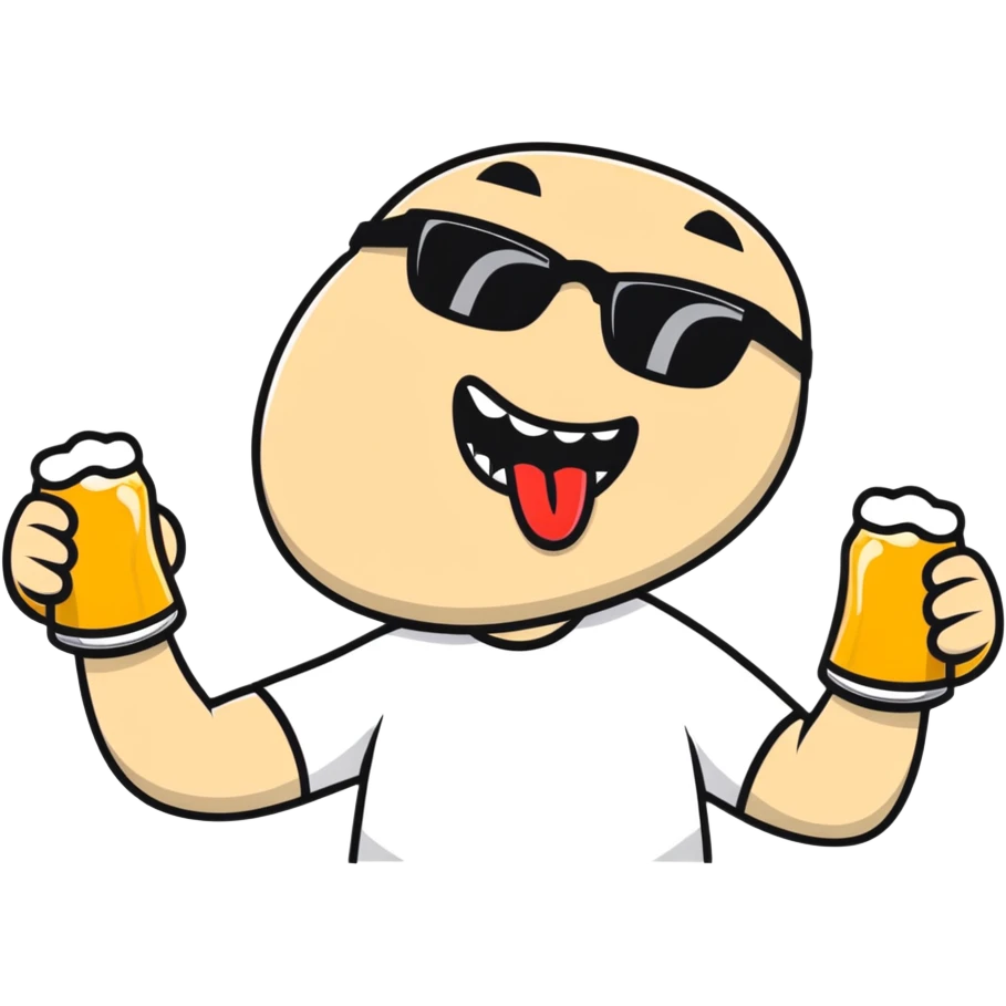 Guy drinking two beers at one time with one in each hand, mouth open and tongue out, sunglasses on emoji