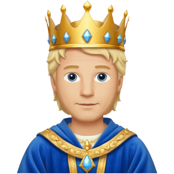
1 Middle-aged white king, 40 years old, blond hair, blue eyes, kind and benevolent vibe, gentle smile, wearing a crown and blue robe emoji emoji