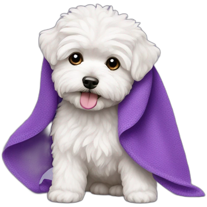 White maltipoo with purple towel emoji