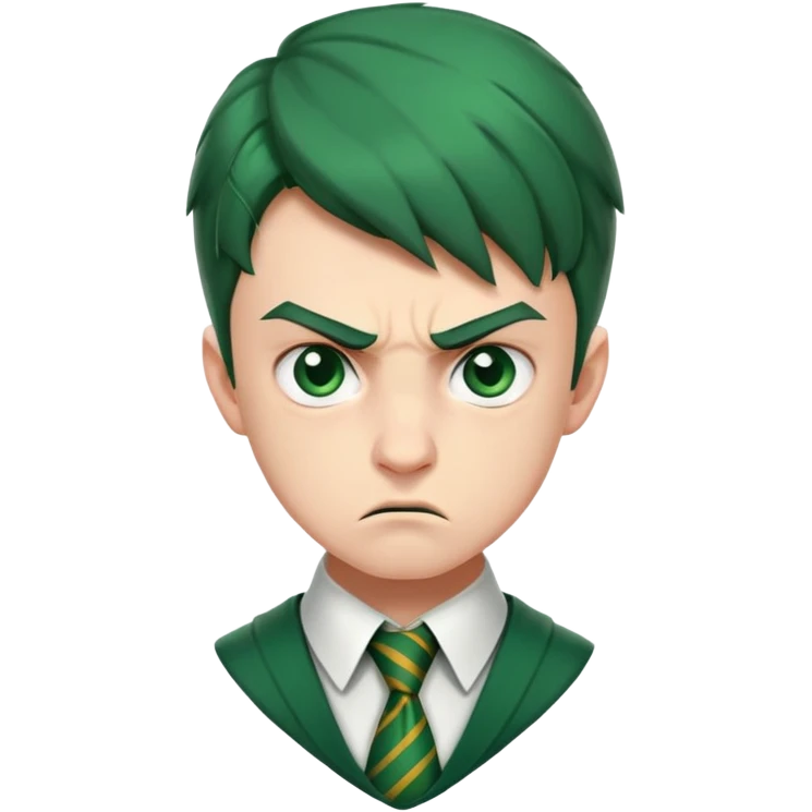 Upset angry teenage boy with scowling face wearing green Slytherin Hogwarts uniform and tie emoji