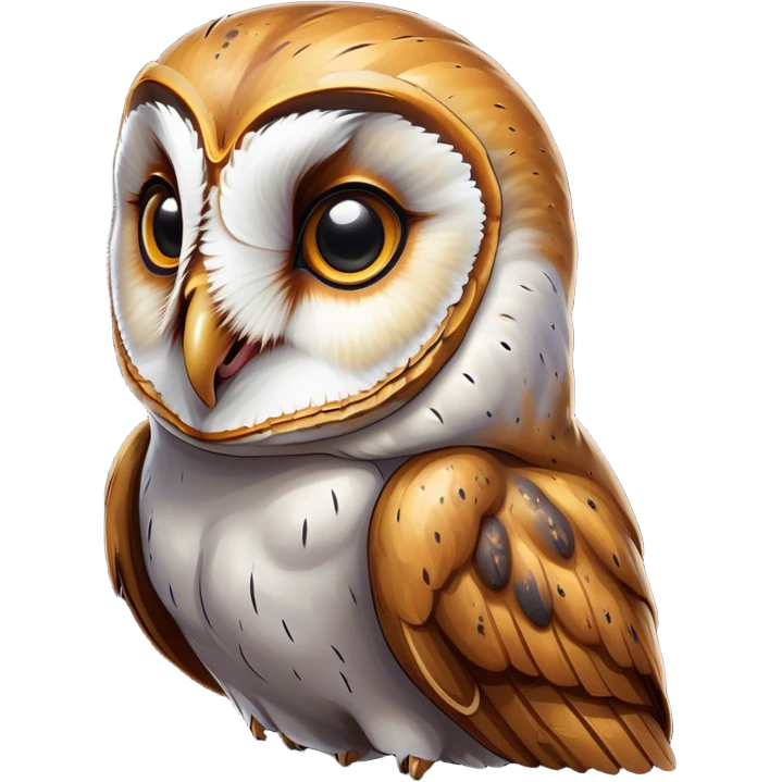 Cinematic Comical Barn Owl Portrait Emoji, Head tilted dramatically with an exaggeratedly amused expression, featuring a striking mottled plumage with bold contrasts, wide, expressive amber eyes filled with playful disbelief, Simplified yet hilariously expressive features, highly detailed, glowing with a slightly sassy glow, high shine, dramatic yet playful, stylized with an air of cheeky nocturnal mischief, bright and endearing, soft glowing outline, capturing the essence of a spirited and over-the-top owl, so meme-worthy it feels like it could hoot its way into internet fame instantly! emoji