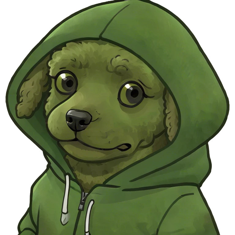 Brindle toy poodle wearing a hoodie emoji