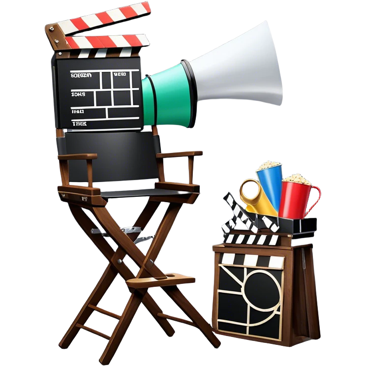 Icon for Directing: a director's chair, a film slate, a megaphone, and a stage set with lights. The icon should represent the creative and leadership aspects of directing, with focus on film and theater production. Transparent background. emoji