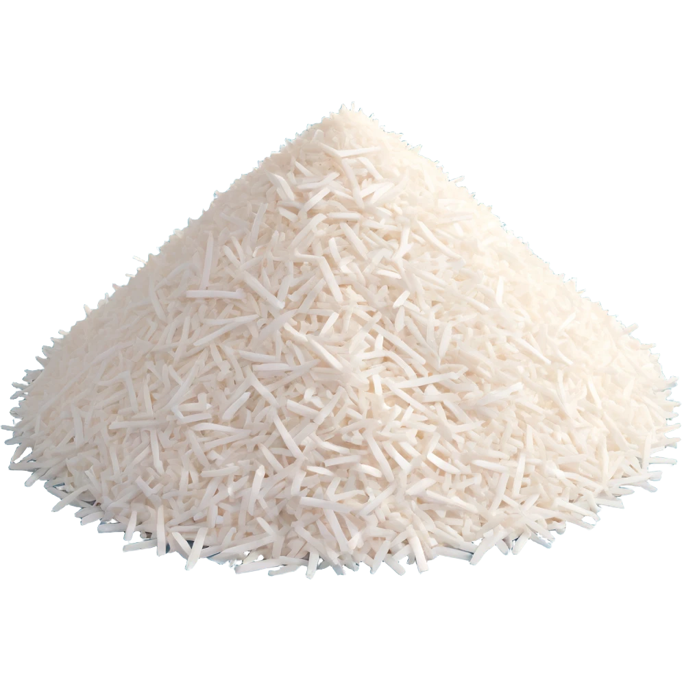 loose scatter or small pile of white grated coconut, fine airy shreds, light slightly uneven texture, pieces vary in length and shape for a natural fluffy appearance, clean 3D rendering, soft lighting, subtle shadows, emoji scale emoji