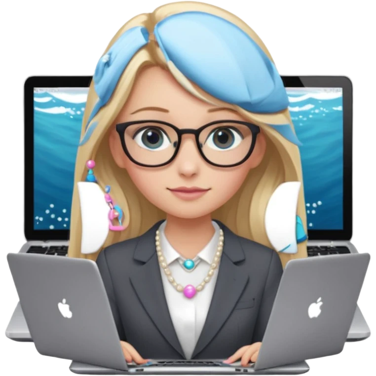 Please take the girl with laptop emoji and make her glassess light brown, her eyes ocean blue and her nose a bit smaller and pointier and she has blonde very long hair and a dark grey suit and pearls necklace, and has a laptop in fron of her and a tiny pink bow on the left side of her head emoji