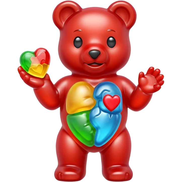 Multicolored gummy bear holding gummy anatomically correct human heart emoji