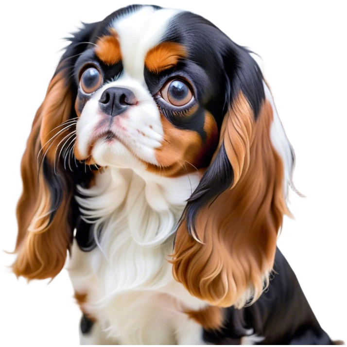 Cinematic Meme-Worthy Grumpy Tri-Colour Cavalier King Charles Spaniel Portrait Emoji, Head held high but eyes filled with dramatic disappointment, smooth tri-colour fur with striking black, white, and tan patches, deeply furrowed brow forming an unmistakable scowl, floppy ears slightly angled back in disapproval, piercing brown eyes glaring with pure exasperation, Simplified yet hilariously over-exaggerated features, highly detailed, glowing with an aura of supreme annoyance, high shine, exhausted yet judgmental, stylized with an almost regal pettiness, bright but brooding, soft glowing outline, capturing the essence of a companion that has seen it all and is thoroughly unimpressed, so meme-worthy it feels like it could instantly become the next viral sensation of grumpiness! emoji