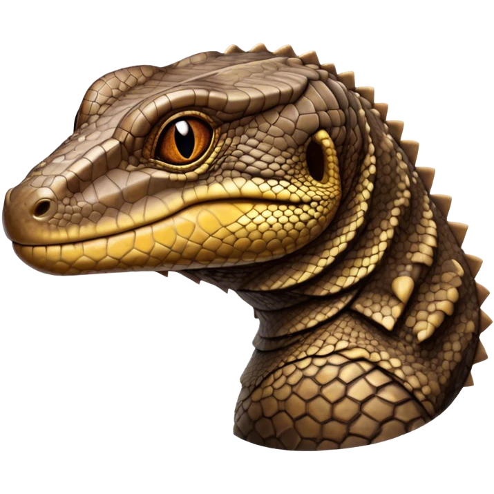 Cinematic Noble brown camo monitor Lizard Portrait Emoji, Poised and regal, with a robust, scaled body exhibiting striking, mottled patterns and piercing, alert eyes, Simplified yet sharp and sophisticated features, highly detailed, glowing with a soft, earthy glow, high shine, intelligent and formidable, stylized with an air of ancient wilderness, focused and commanding, soft glowing outline, capturing the essence of a watchful and confident reptilian guardian that appears ready to stride out of the screen with effortless authority! emoji
