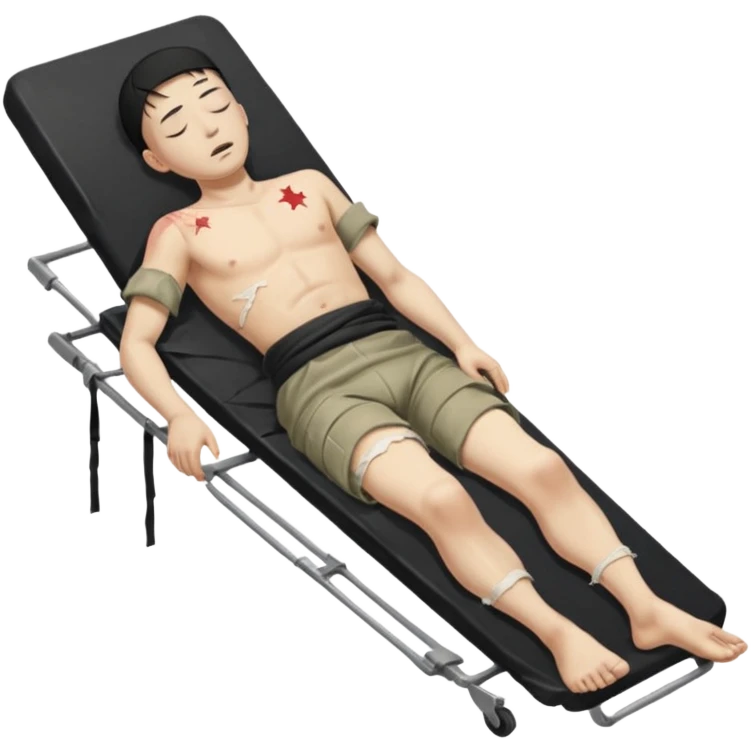 wounded man of oriental appearance, dressed in torn clothes, full length, with closed eyes, head lying on stretcher, in prone position, with injuries on black military stretcher, 1980 emoji