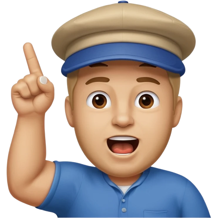 A stocky man with a cap backward, shouting proudly while pointing the foam finger upward. emoji