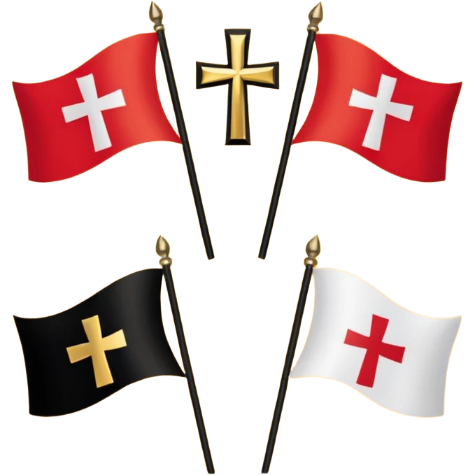 Flags: There are four flags, two on the top and two on the bottom, in the black and gold (yellow) quarters. Each flag features a gold Coptic cross.: In the center, there is a white shield or banner with a red eagle or bird, 
 emoji