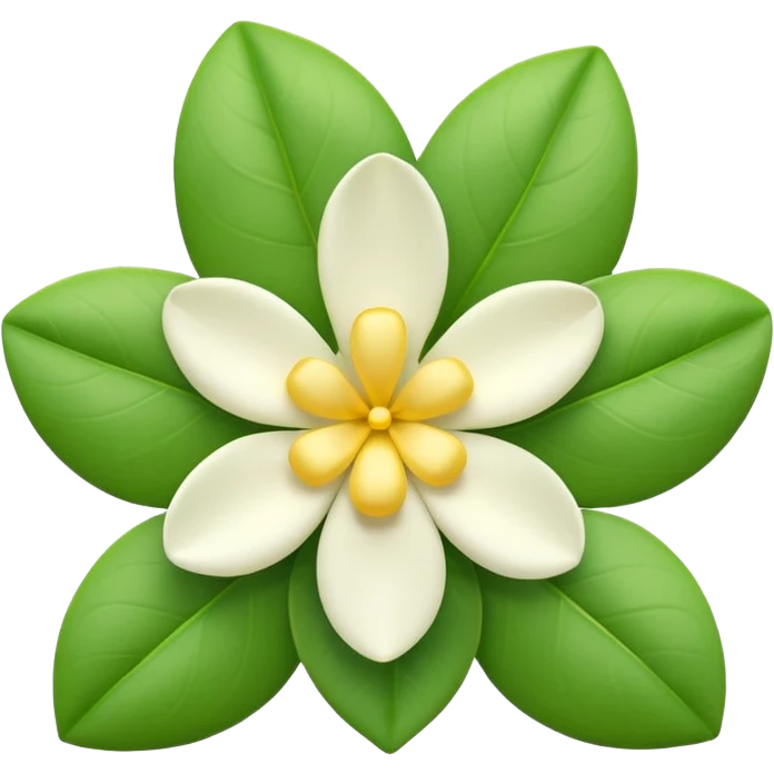 iOS-style 3D emoji: a delicate jasmine flower with five white petals, soft yellow center, and glossy green leaves emoji