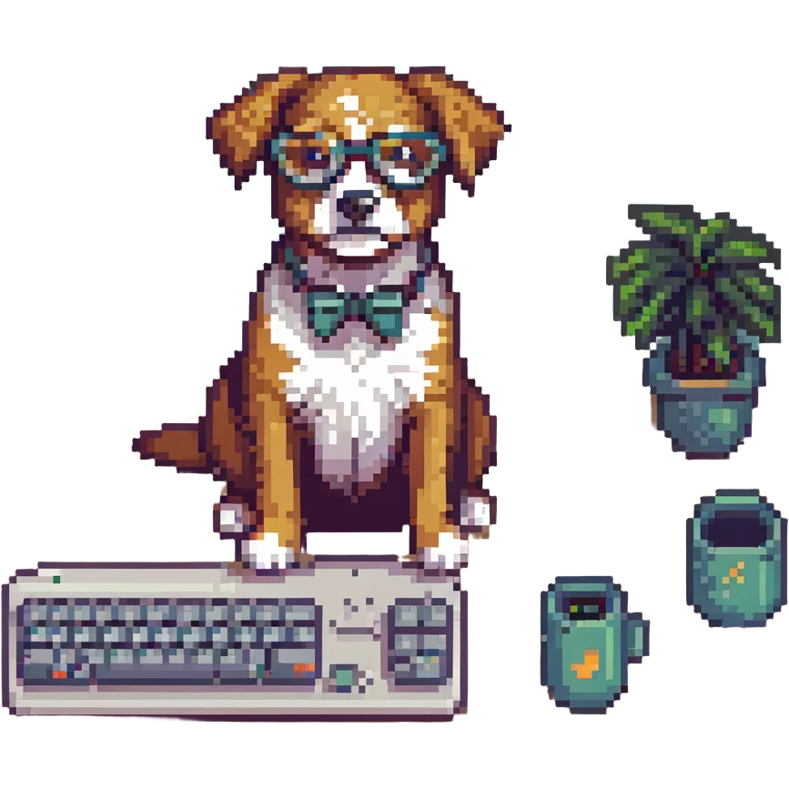 dog computer scientist sitting at a computer, retro pixel art style emoji