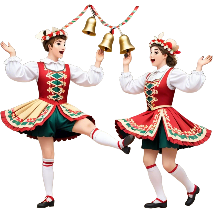 Cinematic Realistic scene of two performers executing a Morris Dance in full traditional costume—with bells, ribbons, and clogs—captured in dynamic motion against a rustic English backdrop and warm, golden lighting emoji