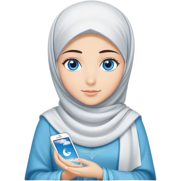Turkish beautiful finish Konya girl blue eyes with cloudy hijab islamic long tailed dress and had on her hand text Eid Mubarak  emoji