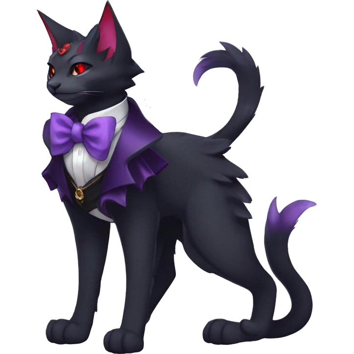 cool cartoon anthro edgy distinguished ethereal elegant beautiful fantasy black purple red ethereal fantasy nargacuga-Noivern-cat-Fakemon collar harness bow tie and bracers full body emoji