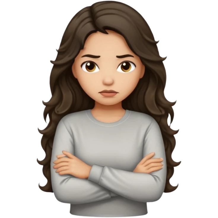 Hispanic light tan girl with long dark wavy hair with arms folded and pouting slightly. Wearing a long sleeve. emoji