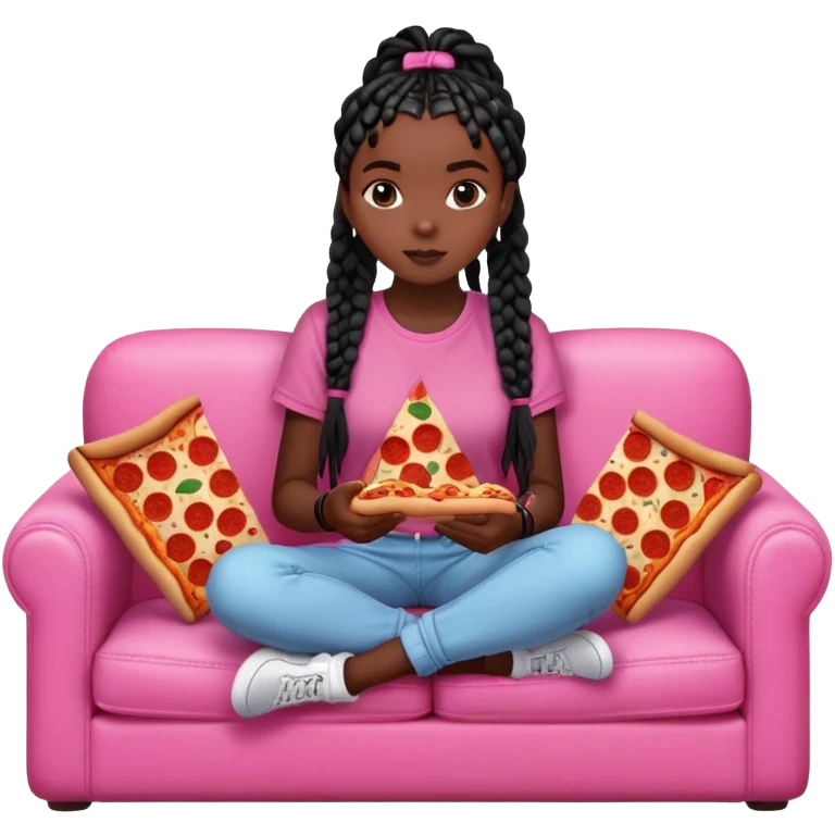 A dark skinned black girl with black box braids eating pizza on a pink couch in comfy outfit emoji