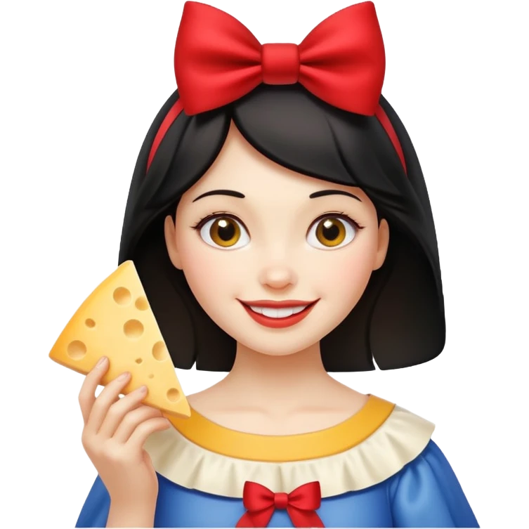 smiling Snow White with red bow holding triangle wedge of cheese emoji