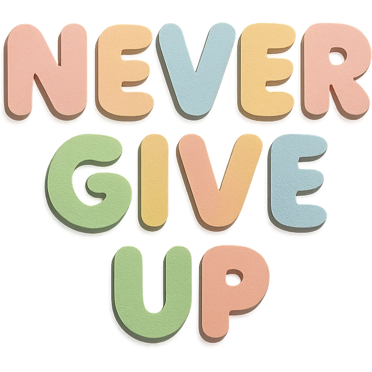 "Never Give Up" in soft pastel rainbow chubby soft text, kawaii design, no outline, transparent background emoji