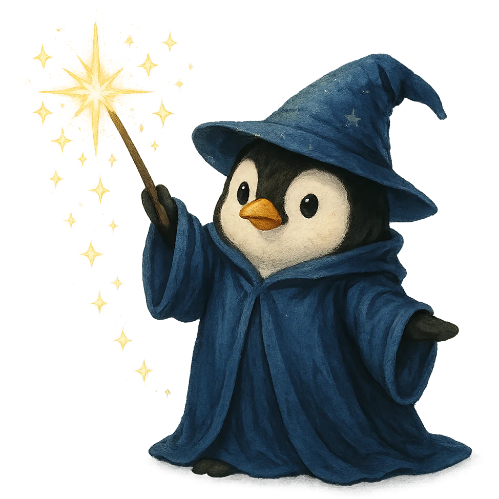 penguin wizard casting a spell, sparkles, wizard robe emoji