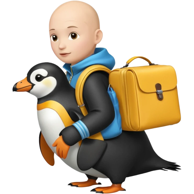Una persona, vestida con ropa característica de peru sin pelo montado a espaldas de un pingüino con una bolsa de la empresa de reparto glovo en la espalda emoji