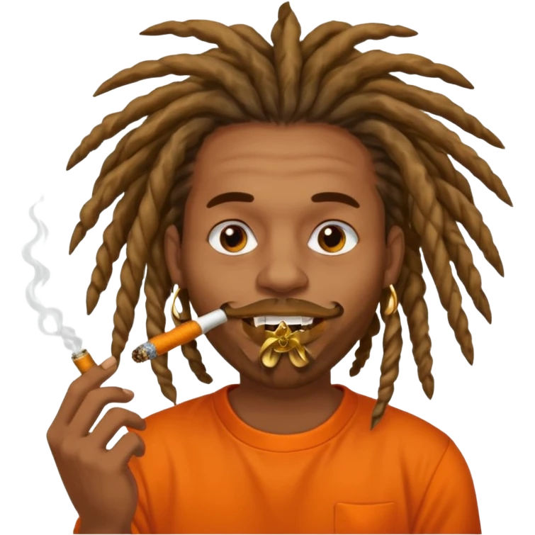 Brownskin man with very long dreadlocks orange shirt smoking weed blunt in mouth emoji