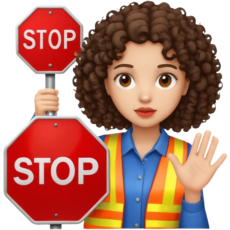 brunette girl with curly hair holding a stop sign emoji
