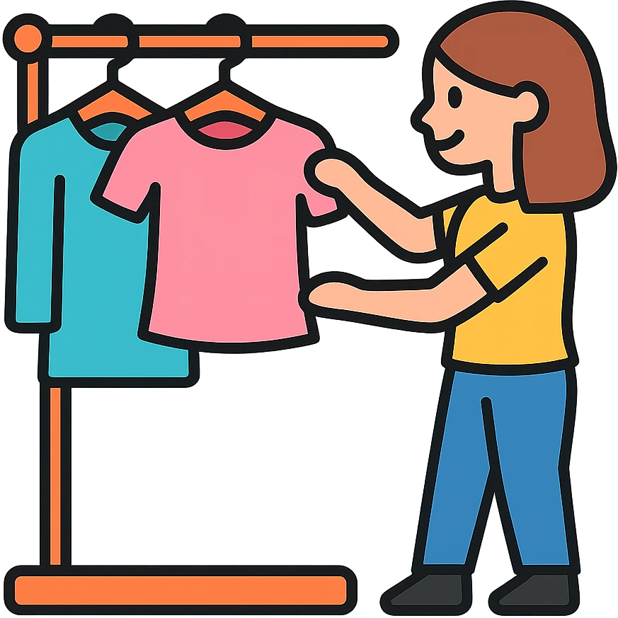 young woman choosing clothes from wardrobe, casual, clean vector art, colorful, clean lines emoji