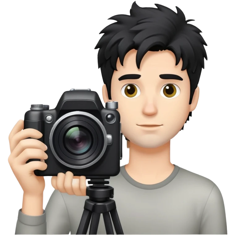 a white man with black messy hair holding a foto camera emoji