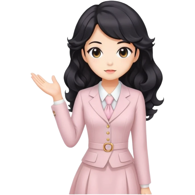 Confident kawaii anime businesswoman with beautiful black wavy hair wearing a soft feminine pastel dress, future boss lady emoji