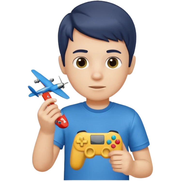 Little boy hold a controller and an airplane toy emoji