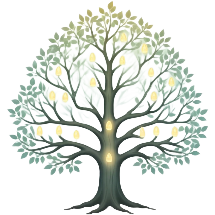 Ethereal family tree with translucent branches connecting glowing ancestor portraits, soft misty background, dreamlike genealogy chart emoji