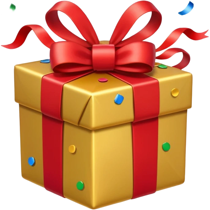 present with gold wrapping and red ribbon with top off and confetti coming out emoji