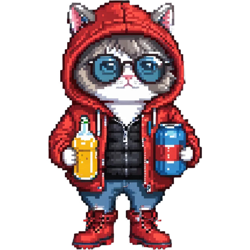 Catfish in red winter jacket with hood, round glasses, blue jeans, red boots, holding a beer can with red label, retro game style emoji