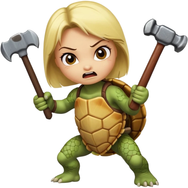angry girl turtle(with blond balejage) hitting with hammer another turle animated cartoon emoji