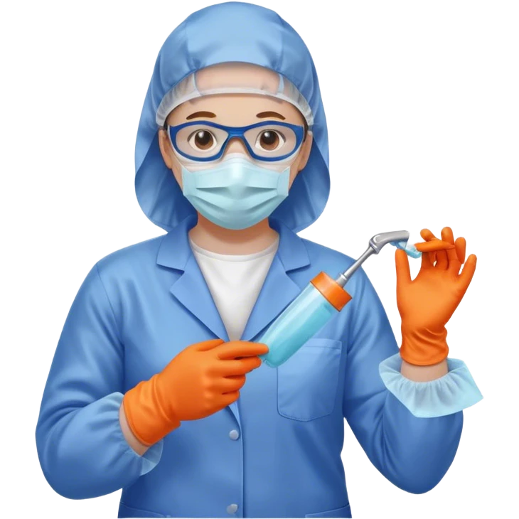A meticulous cleanroom worker dressed in full protective gear, including a blue sterile suit, a face mask,  and orange gloves.  cleaning glasses with a wipe in one Hand emoji