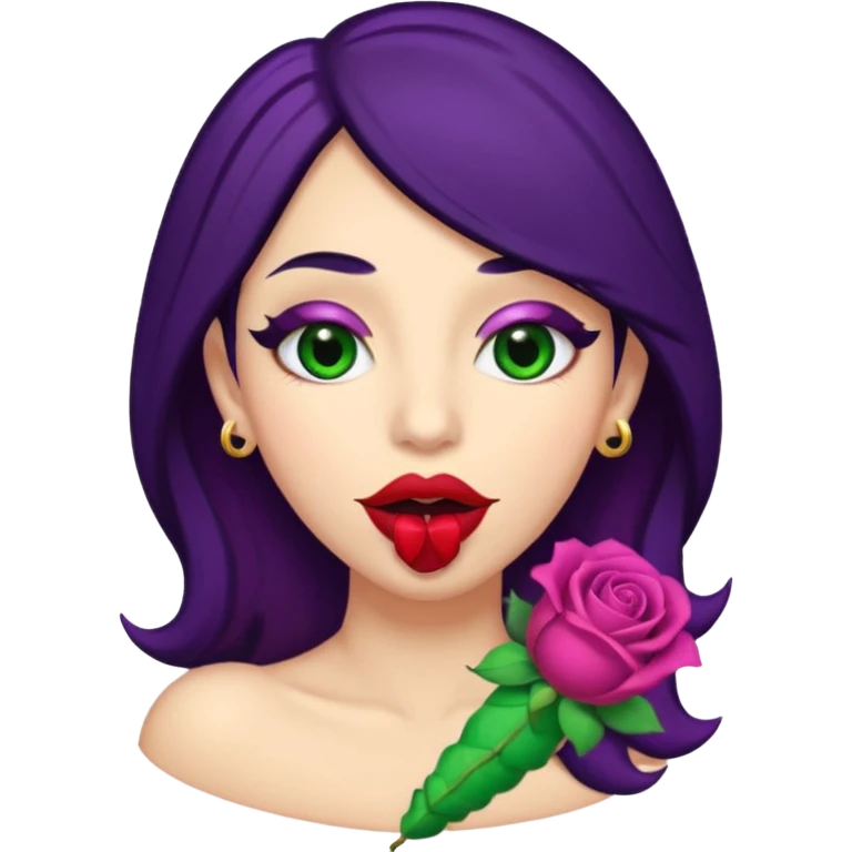 Big Puerto Rican colored dildo inside a juicy mouth  with blackish purple hair and Italian skin color with green almond shapes eyes, magical mouth with lips shapes  rose petal /bud place huge didlo inside of mouth  emoji