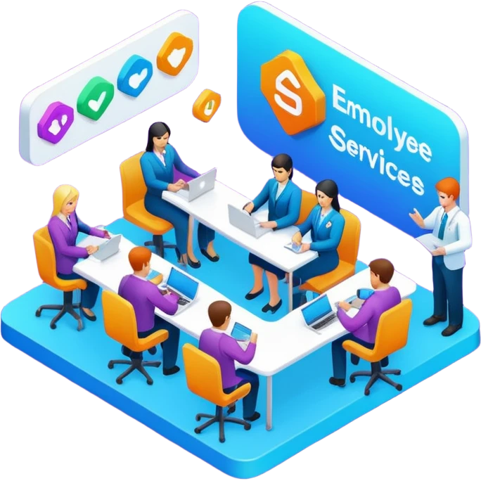 isometric, image of employee services, case management, crew operations integrating together as processes and systems emoji